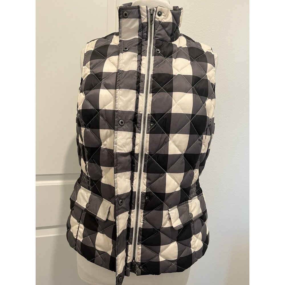 Talbots Down Fill Puffer Vest Size M Black White Plaid Elastic Waist Zip Snaps - Picture 3 of 10